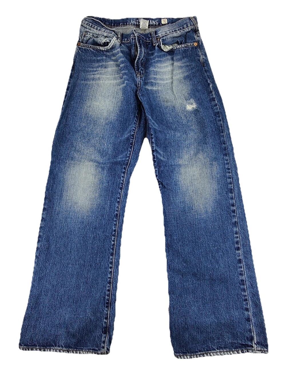 Guess Wide Leg Jeans Womens 16 Blue Light Wash Relaxed Distressed 34x29 USA